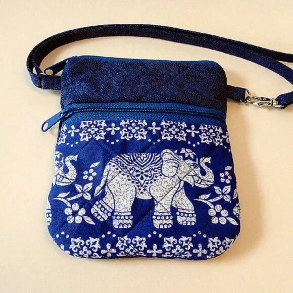 Crossbody Cell Phone Bag Handmade Asian Elephant Quilted Fabric Adjustable Strap - Picture 1 of 5